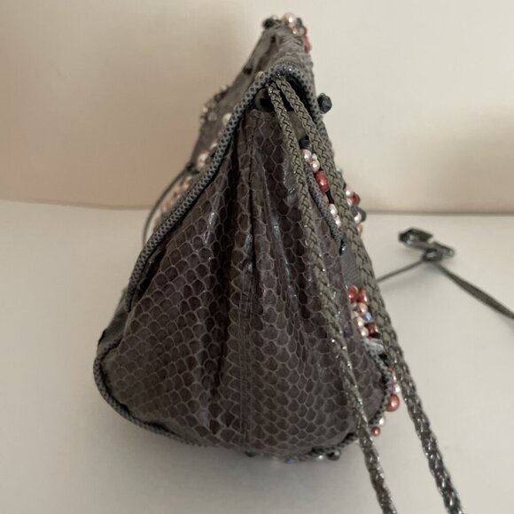 Grace Ann Agostino Embellished Evening Shoulder Bag Gray Leather Patchwork Beads - Picture 8 of 16